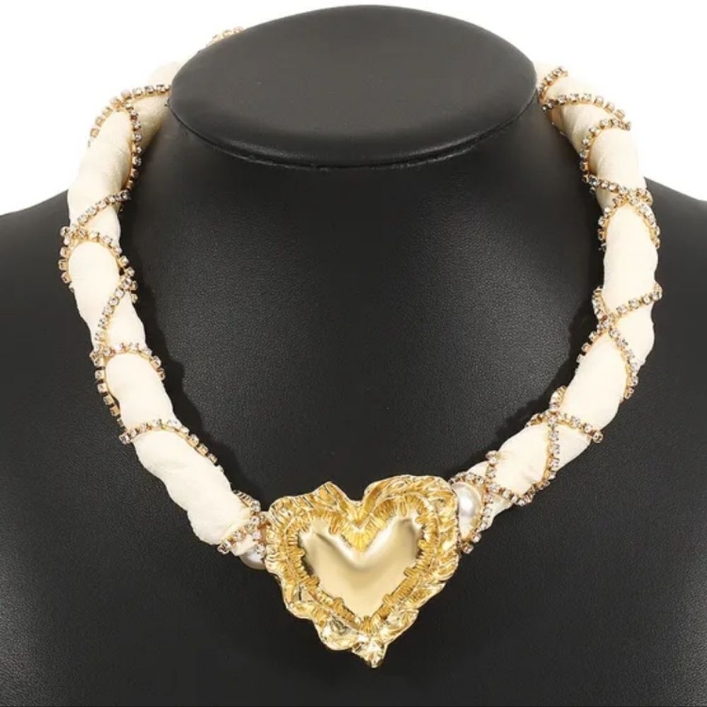 ZARA Jewel gold heart pearl rhinestone fabric choker necklace Nwot